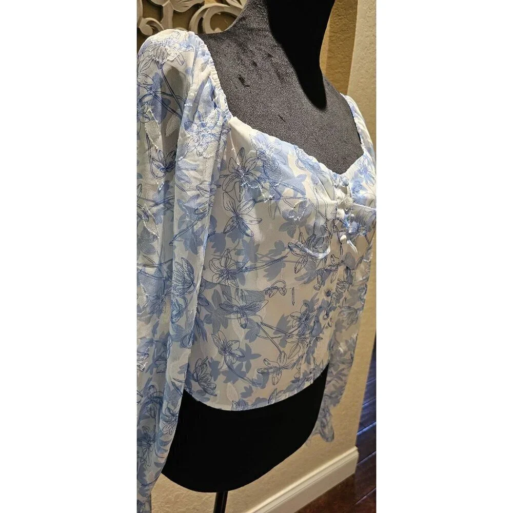 Unbranded Cottagecore Romantic Blue & White Floral S Puff Sleave Top - Picture 4 of 6